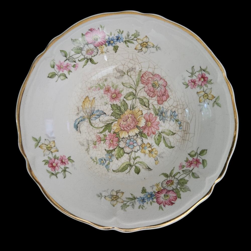 Edwin M Knowles Floral Berry Bowls Set of 4 Gold Trim Vintage 5.5 Inch